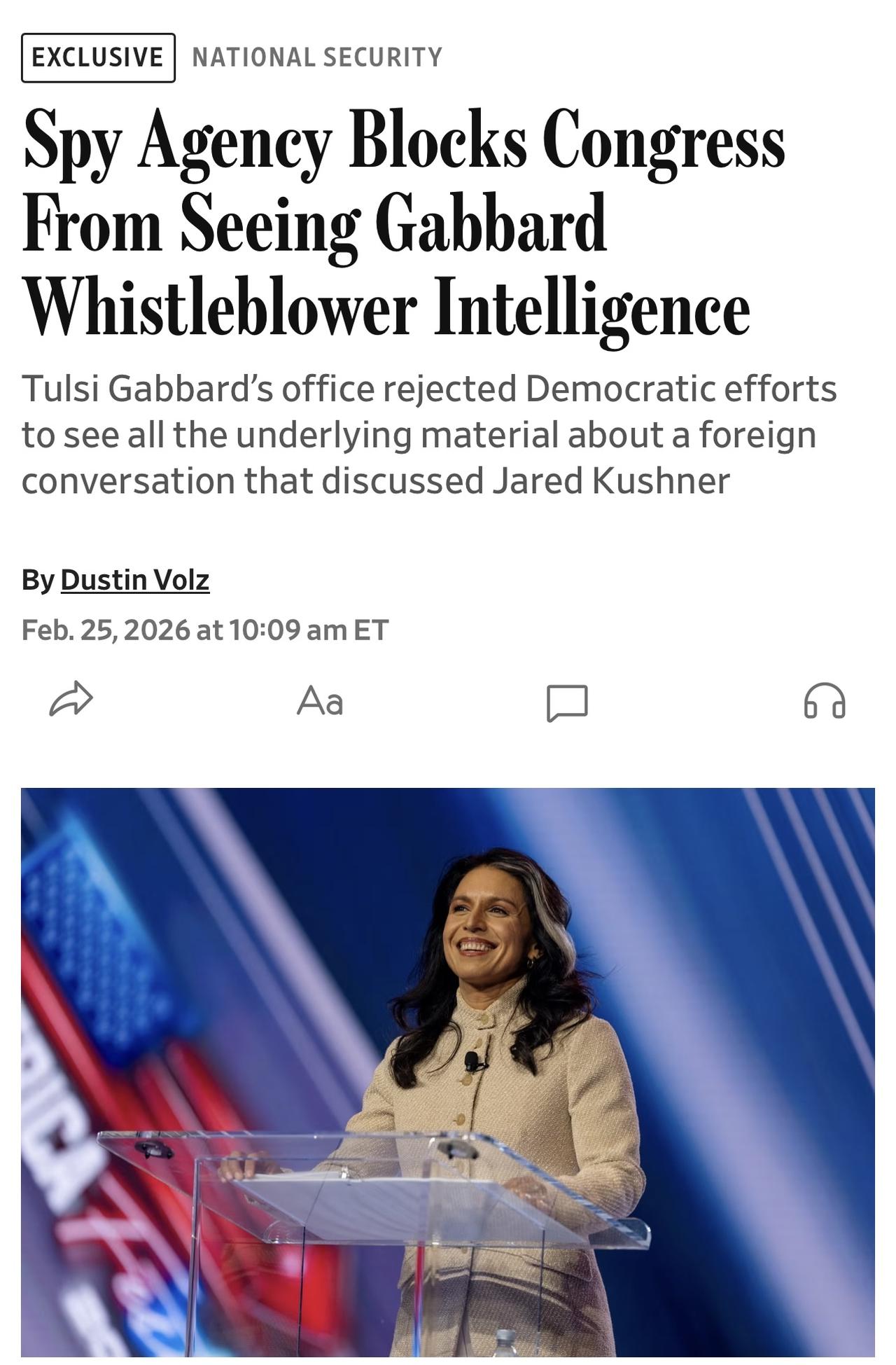 特朗普政府表示，不会向国会议员提供导致举报人对图尔西·加巴德提出投诉的机密情报，