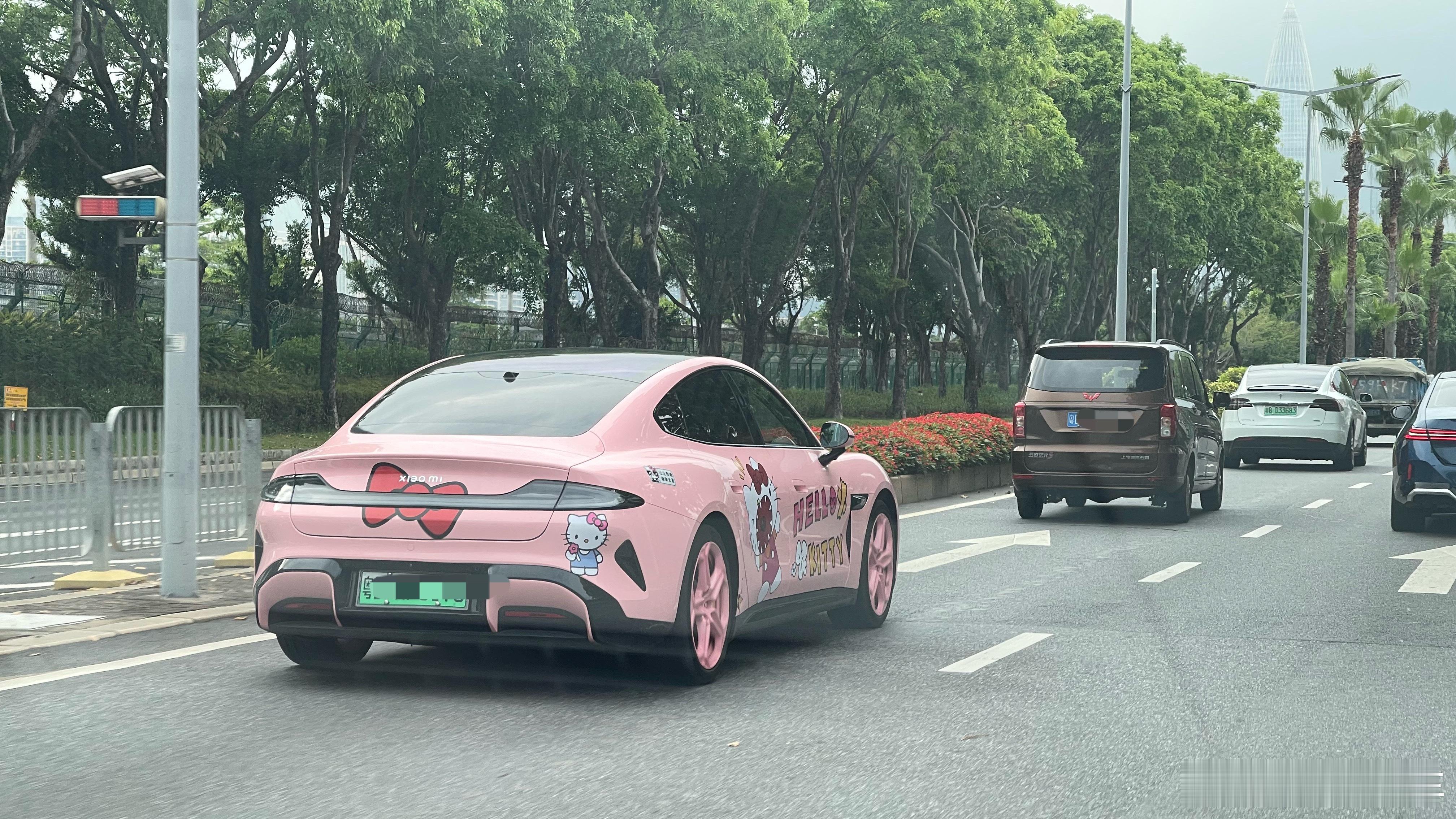 这SU7太吸睛了，轮毂都粉色的大v聊车