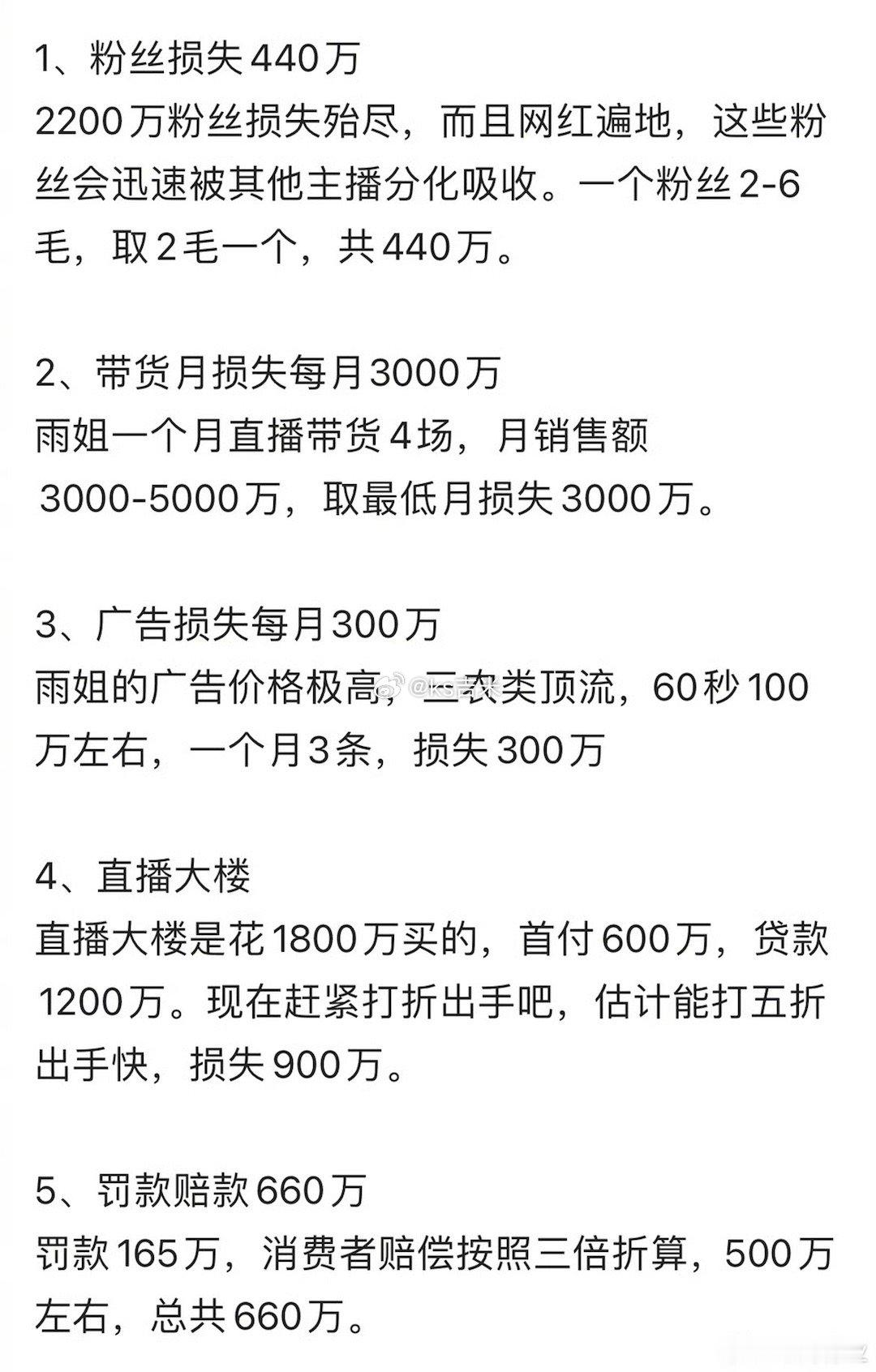 #逾越红线网红不红#东北雨姐被封损失或远超5000万，网友给她算了算账。 ​​​