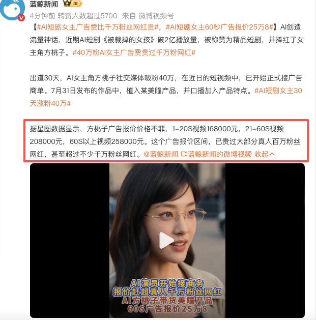 AI短剧女主60秒广告报价25万8 1-20S视频168000元，21-60S视