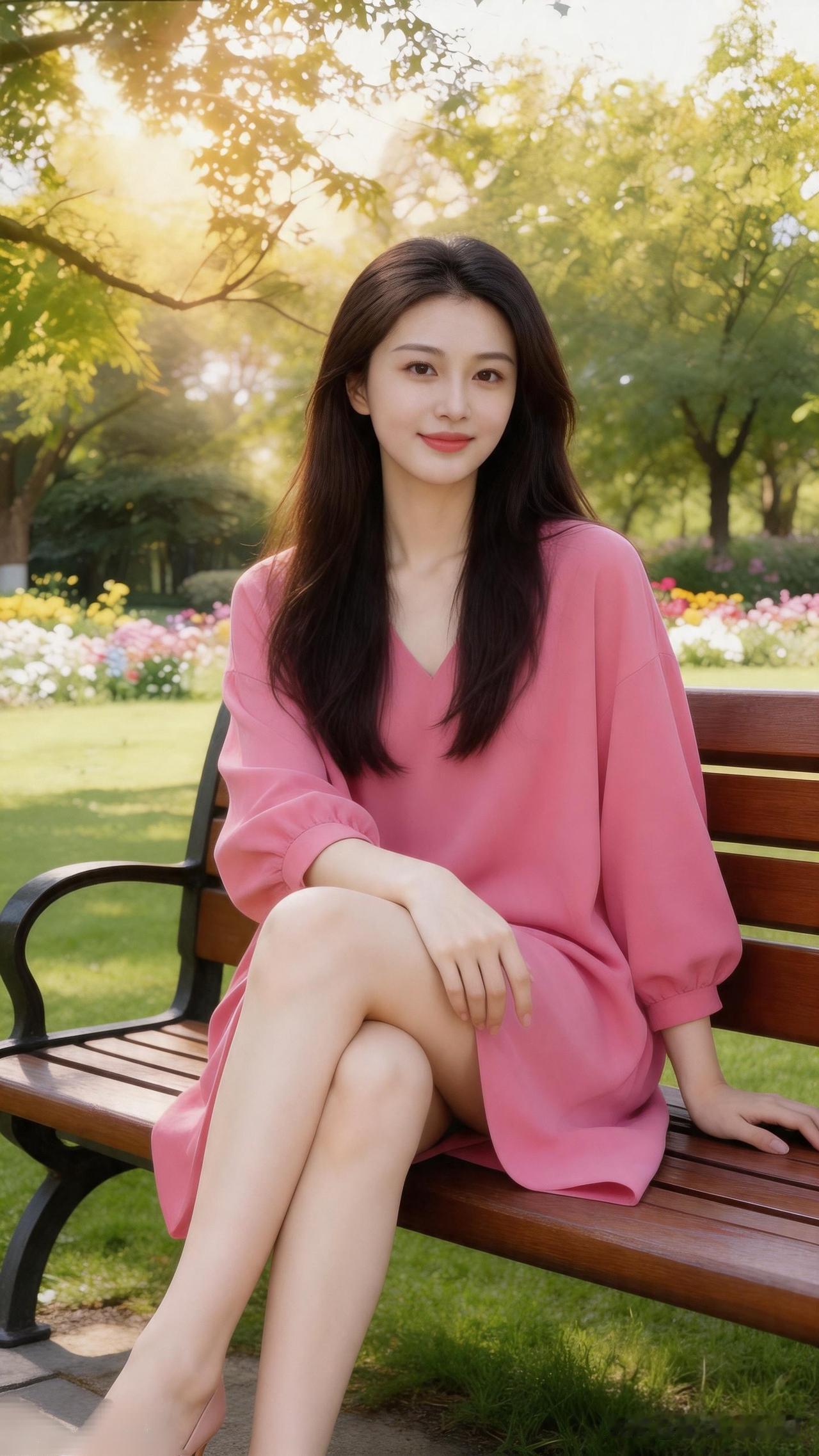 什么样的穿搭可以成为气质女神? 阳光下的粉色少女，静坐公园长椅，享受美好时光。?