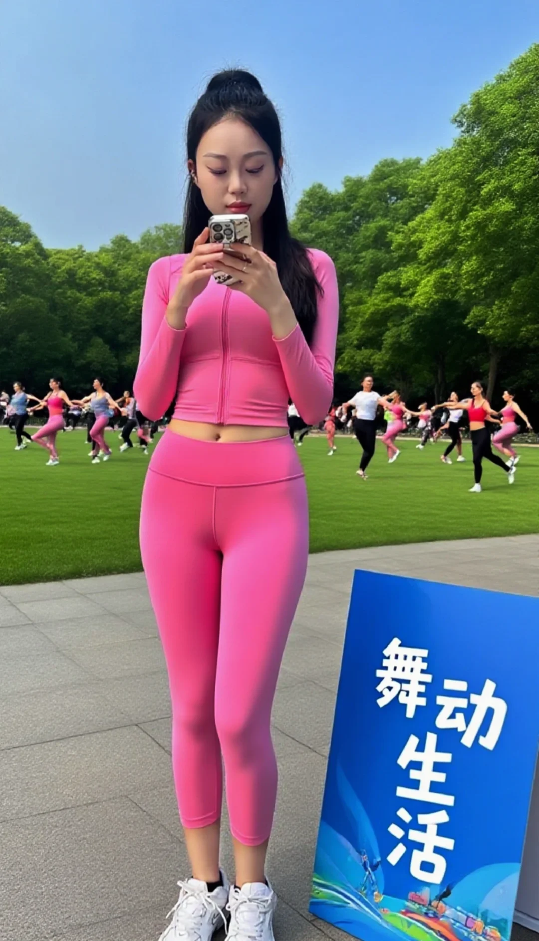 粉红瑜伽装，融入广场舞的热闹。