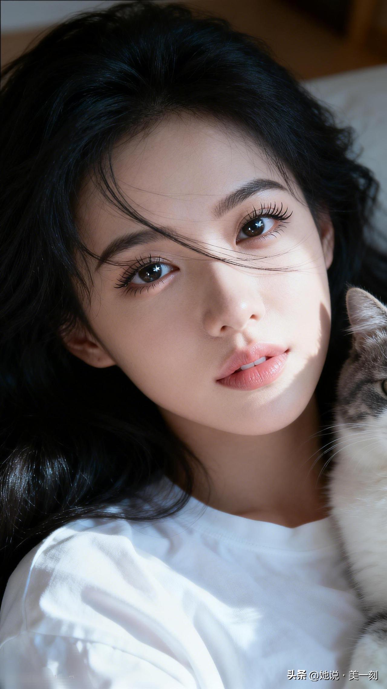 黑发美人与猫咪的温馨瞬间🌟共享美人靓照