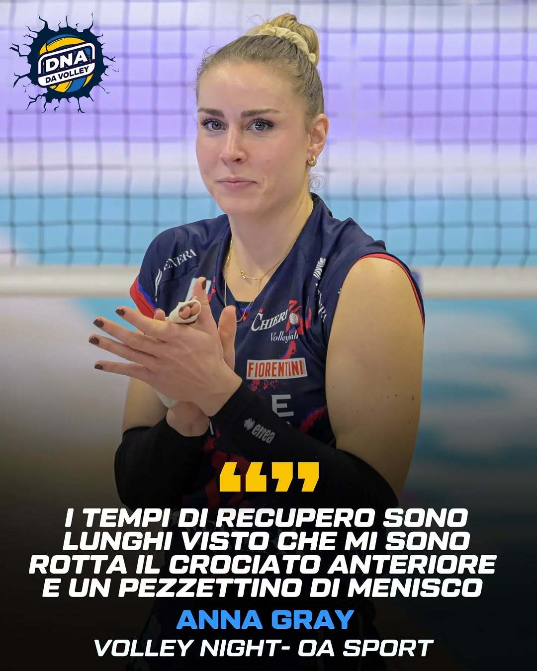 拦网出色的意甲基耶里女排副攻安娜.格雷，在半月板手术后，已经开始了康复，预计将于