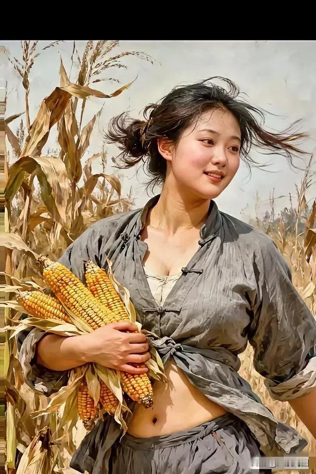 妹子于田间抱着玉米，笑得格外开心。玉米田里干活 玉米地劳作 玉米田间美女 甜花玉