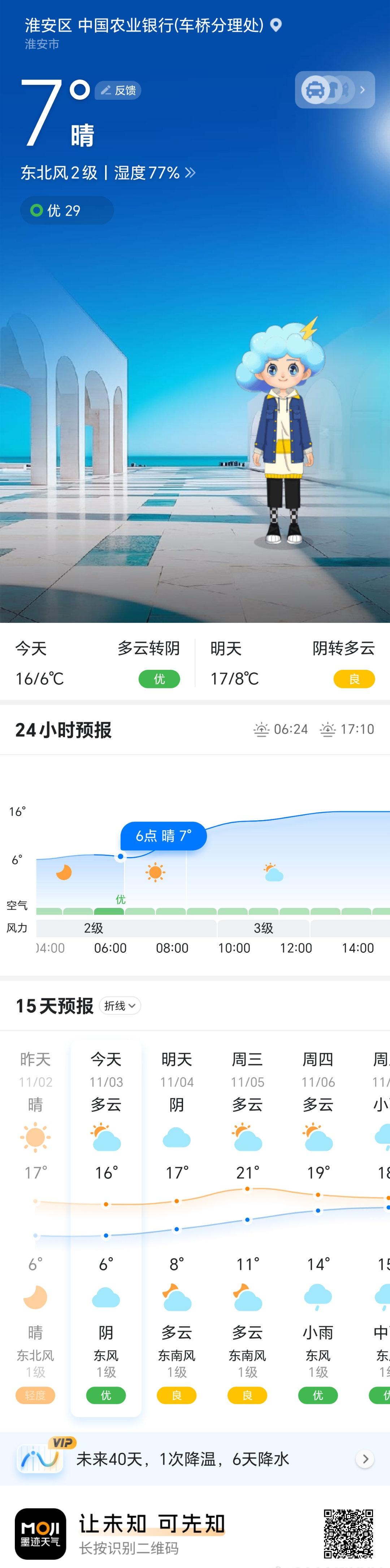 淮安区，【今天】多云，6~16℃，东风2级；【明天】阴，8~17℃，东南风2级；