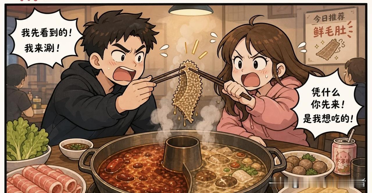 趣味漫画：一起去吃火锅，我涮了一片毛肚，刚夹起来她筷子伸过来抢走了，我说：“你自
