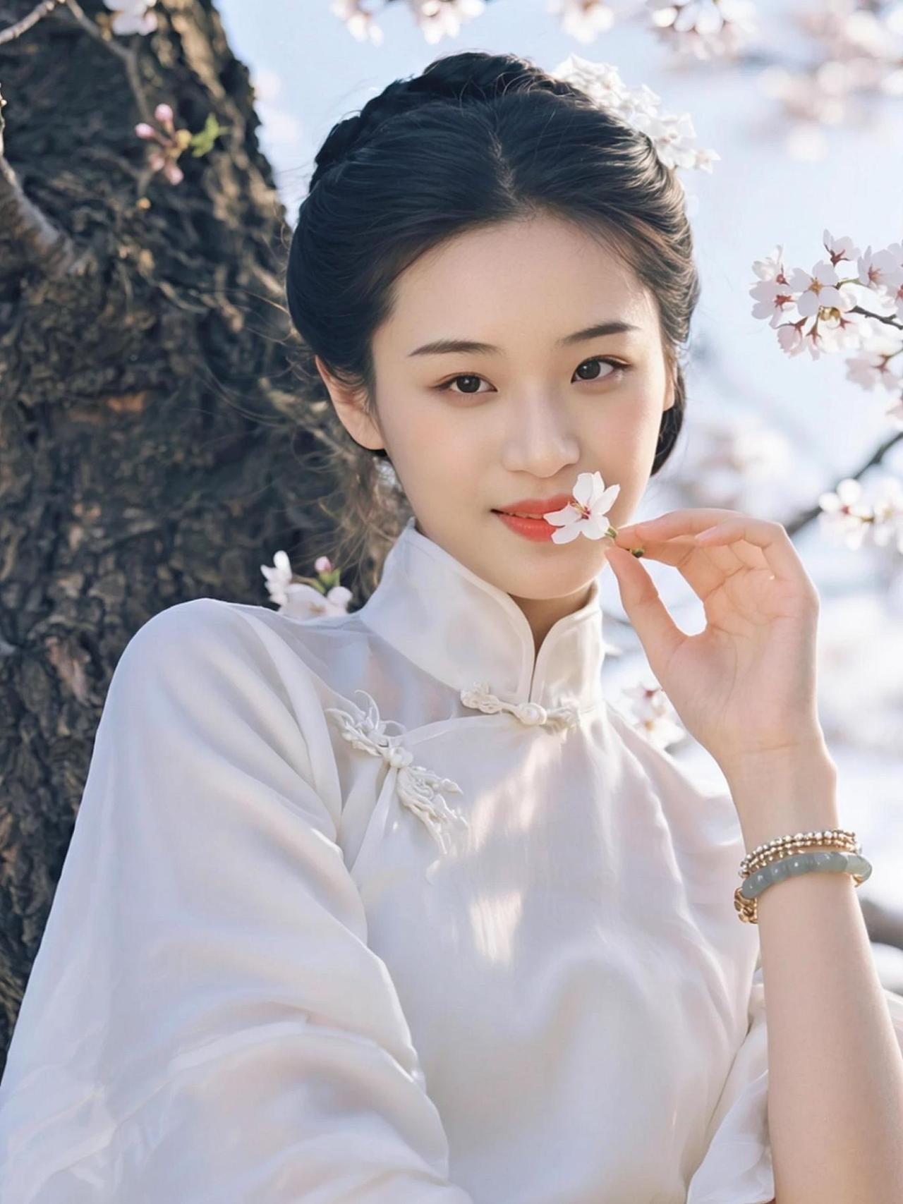 在古色古香的背景下，一袭白衣如云朵般轻盈，仿佛穿越时光而来的仙子。手中的花枝轻轻