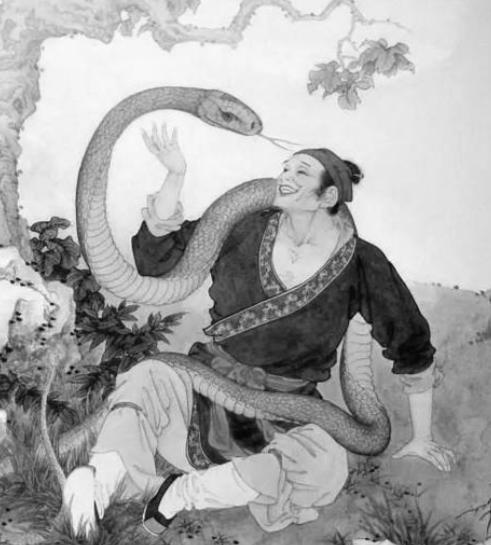 明成化十三年春，有个耍蛇人放生了一条驯养多年的青蛇，多年后耍蛇人路过一山林，与青