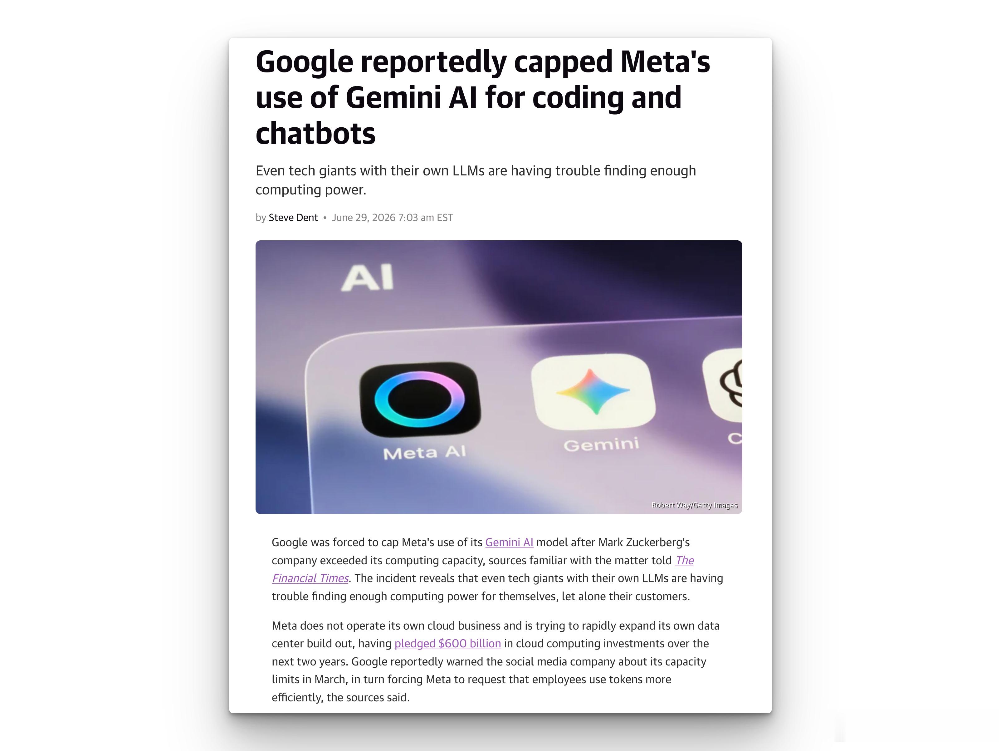 谷歌限制了 Meta 使用 Gemini AI 的额度，原因是算力不够用。Met