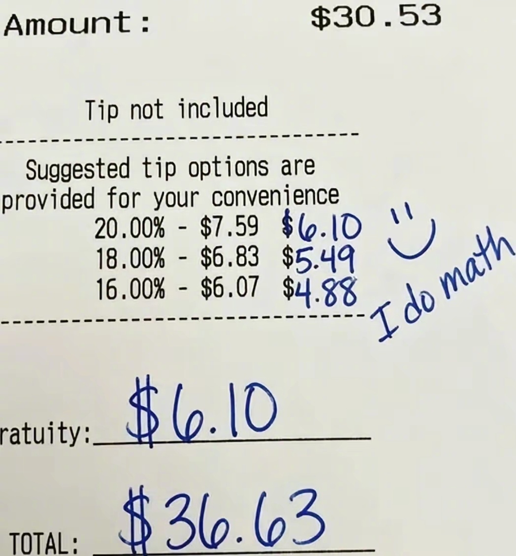 在美国吃饭真麻烦，还要会算数才行，比如这个账单，餐费30.53元，收取20%的小
