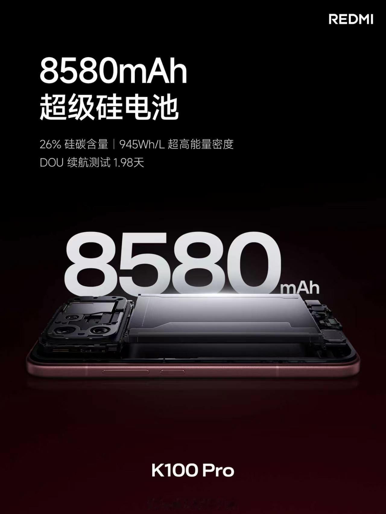 K100 Pro 超长续航，尽显满分实力💯8580mAh 超级硅电池，妥妥用两