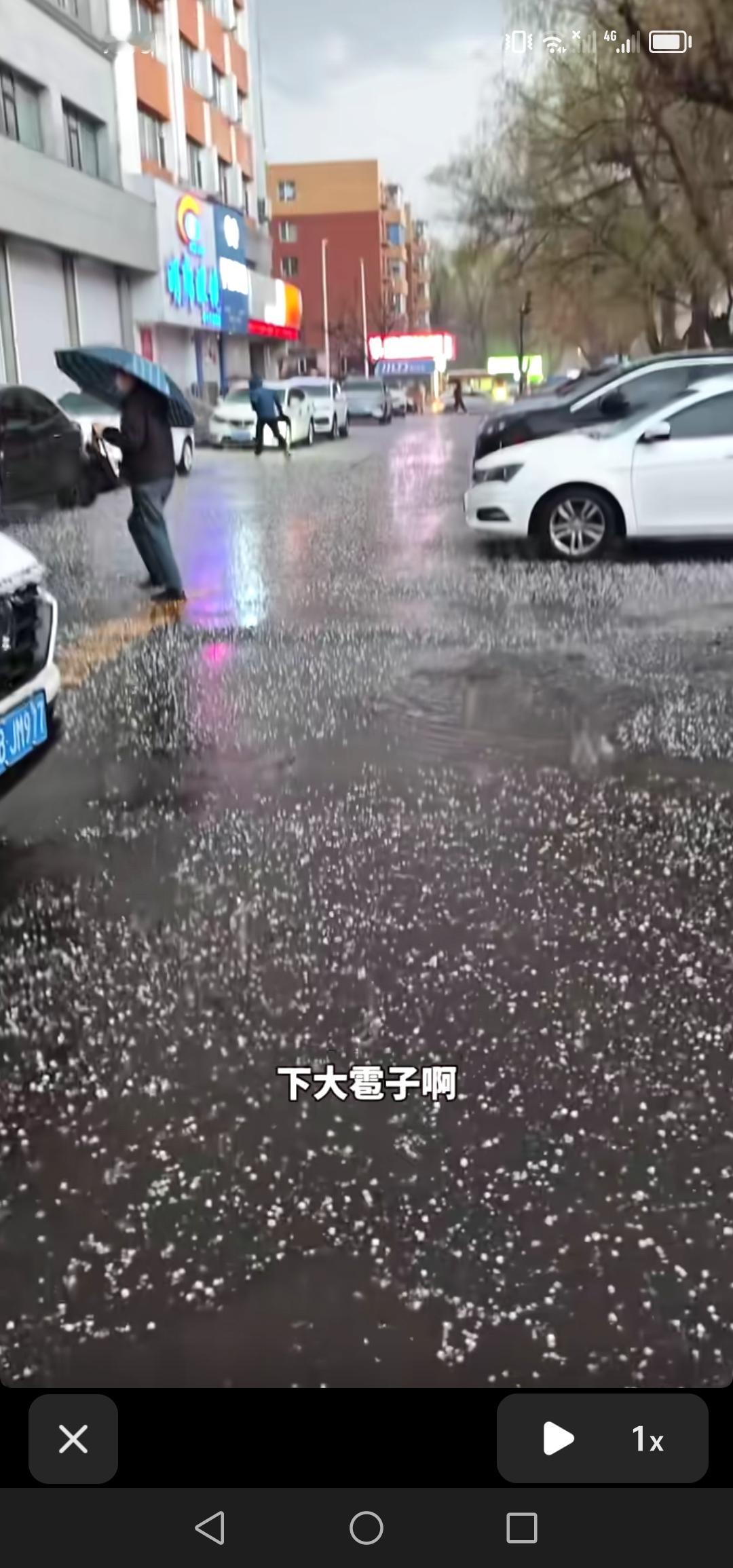 4月17号，我在吉林市。晚上六点左右，突然下起了大雹子，大到车门都没法打开！
