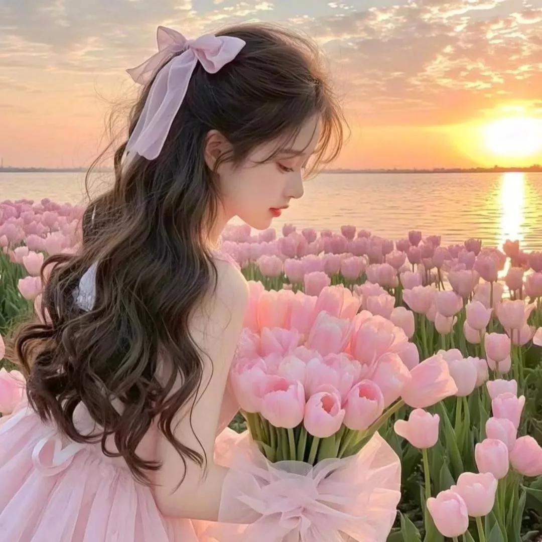 粉色的花海，温柔的夕阳，少女与花共舞的美好瞬间。梦幻粉色的花海 花海少女照 粉嫩