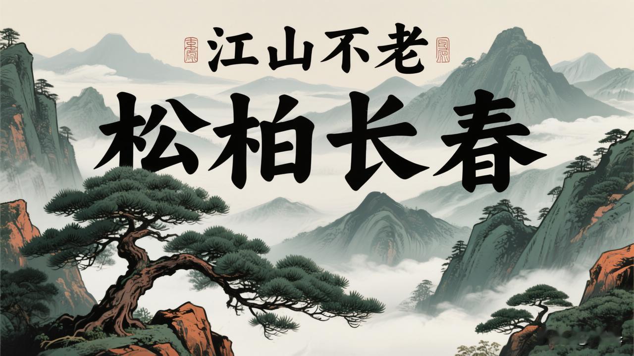 下联：松柏长春

赏析：这幅下联“松柏长春”与上联“江山不老”相映成趣。从内容上