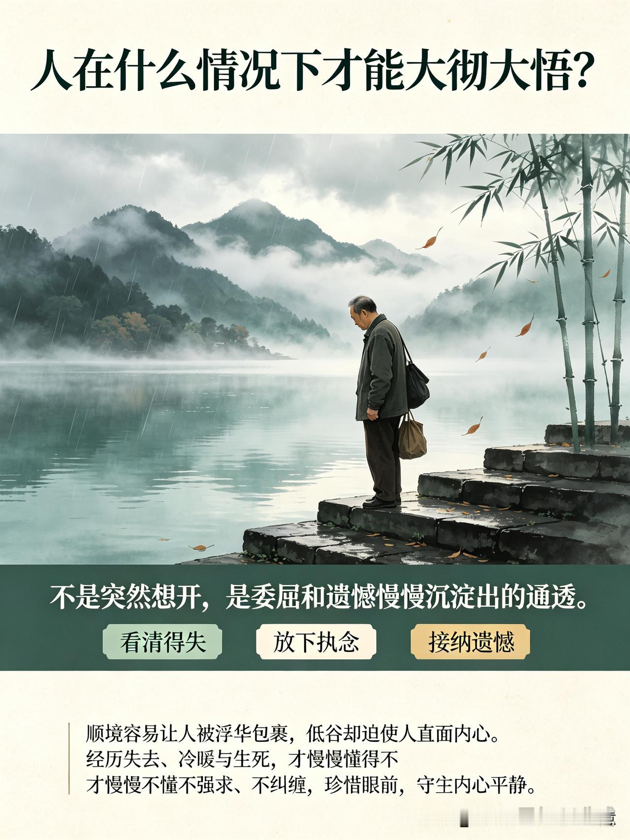 人往往是经历过挫折、失去与低谷之后，才容易大彻大悟。
顺境里，大多被浮华包裹，很