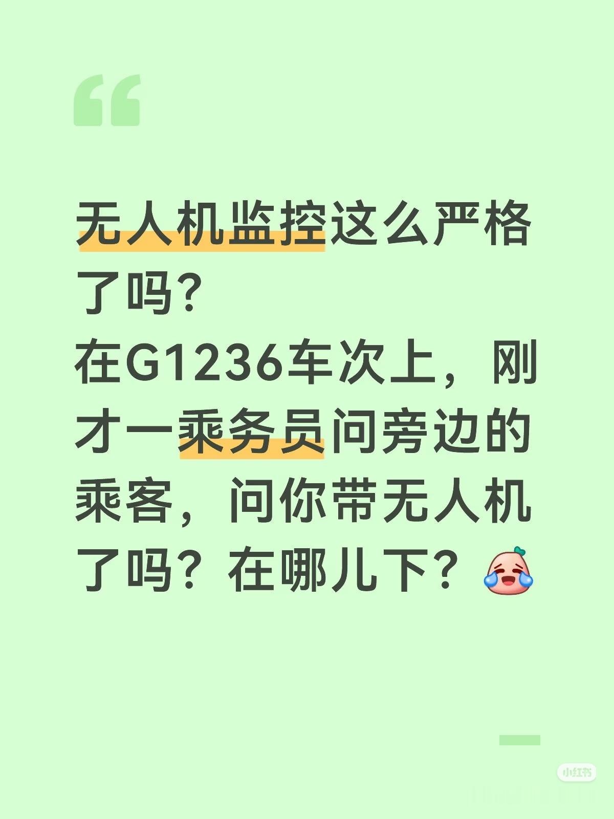 无人机监控这么严格了吗？在G1236车次上，刚才一乘务员问旁边的乘客，问你带无人