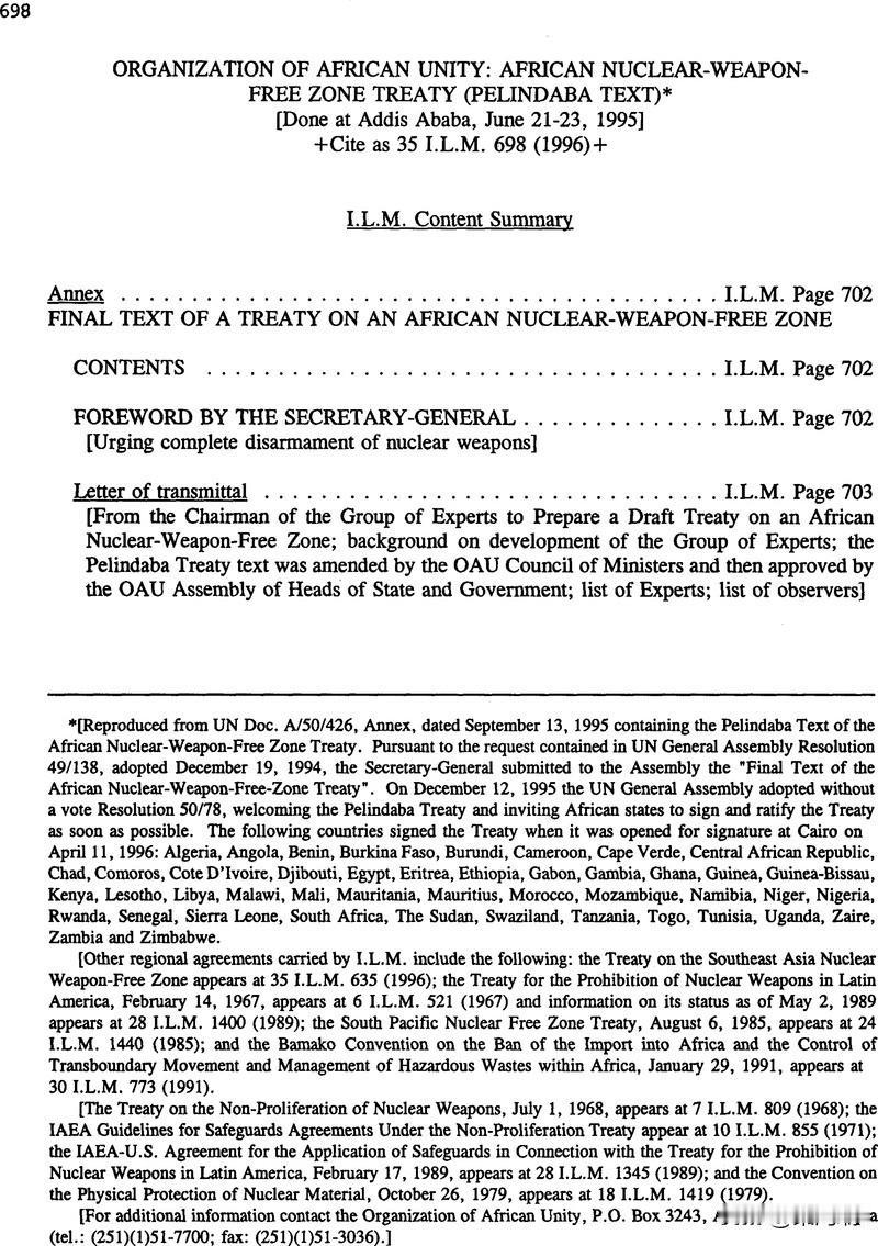 1996 年签署的《佩林达巴条约》（Pelindaba Treaty）确立了非洲