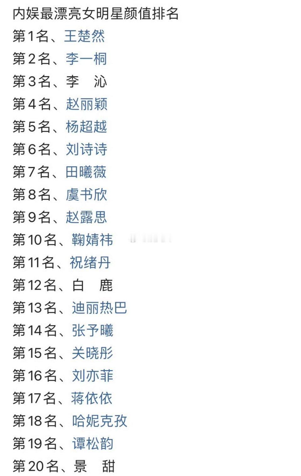 内娱最漂亮女明星颜值排名，你觉得合理吗？ 