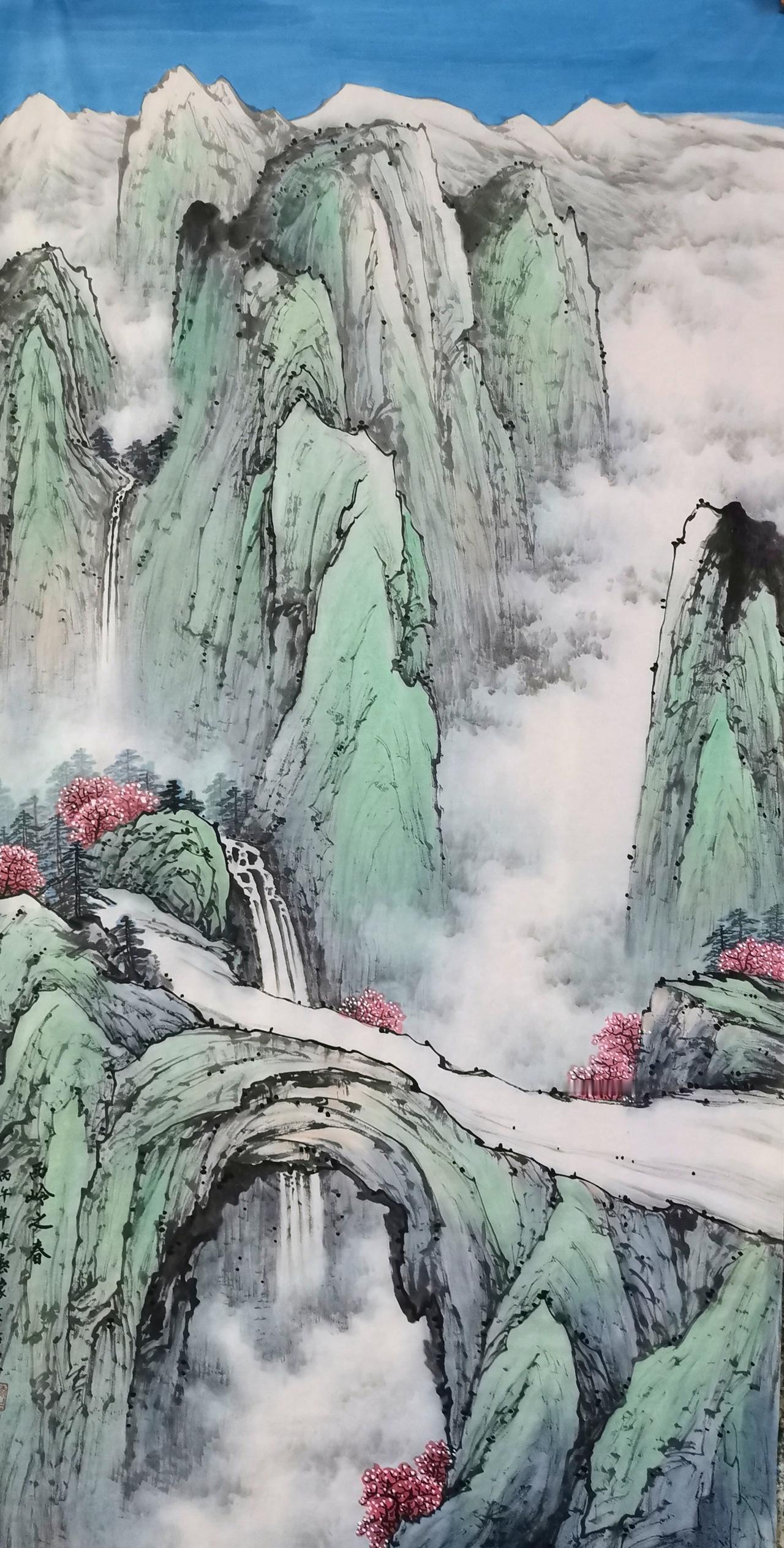 中国山水画（原创）作品欣赏：
尺寸：四尺（138x68）
纸本生宣《西岭之春》宁