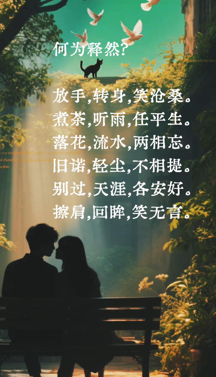 何为释然？
放手，转身，笑沧桑。煮茶，听雨，任平生。落花，流水，两相忘。旧诺，轻