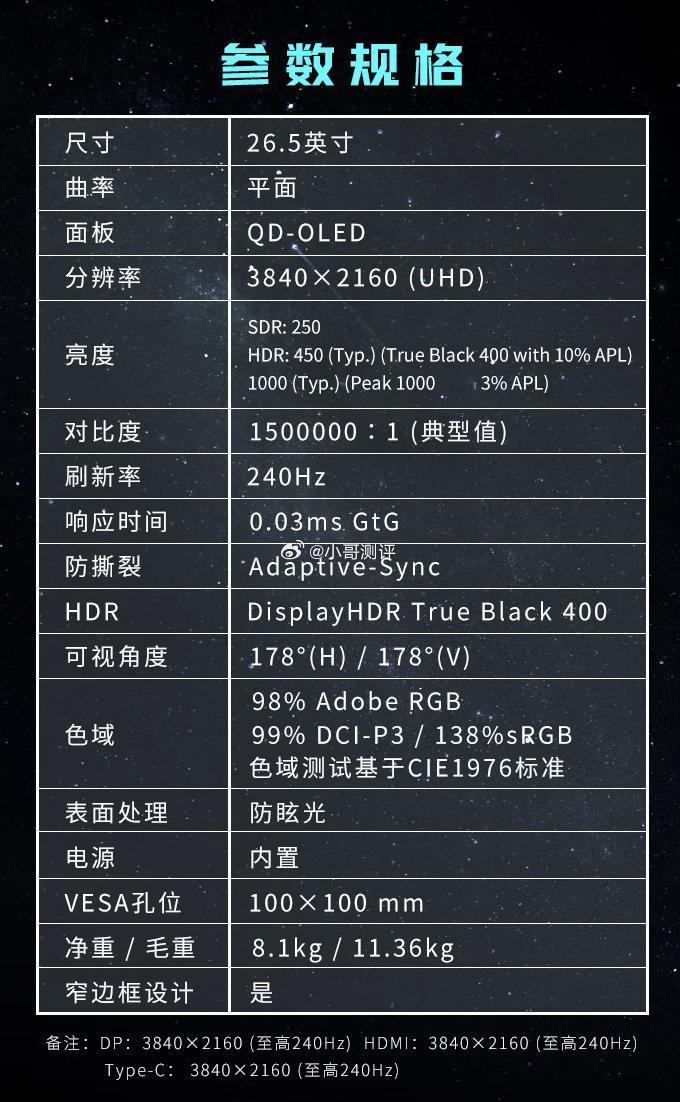 微星“MPG 272URX”27 英寸显示器：4K 240Hz 三星 QD-OL