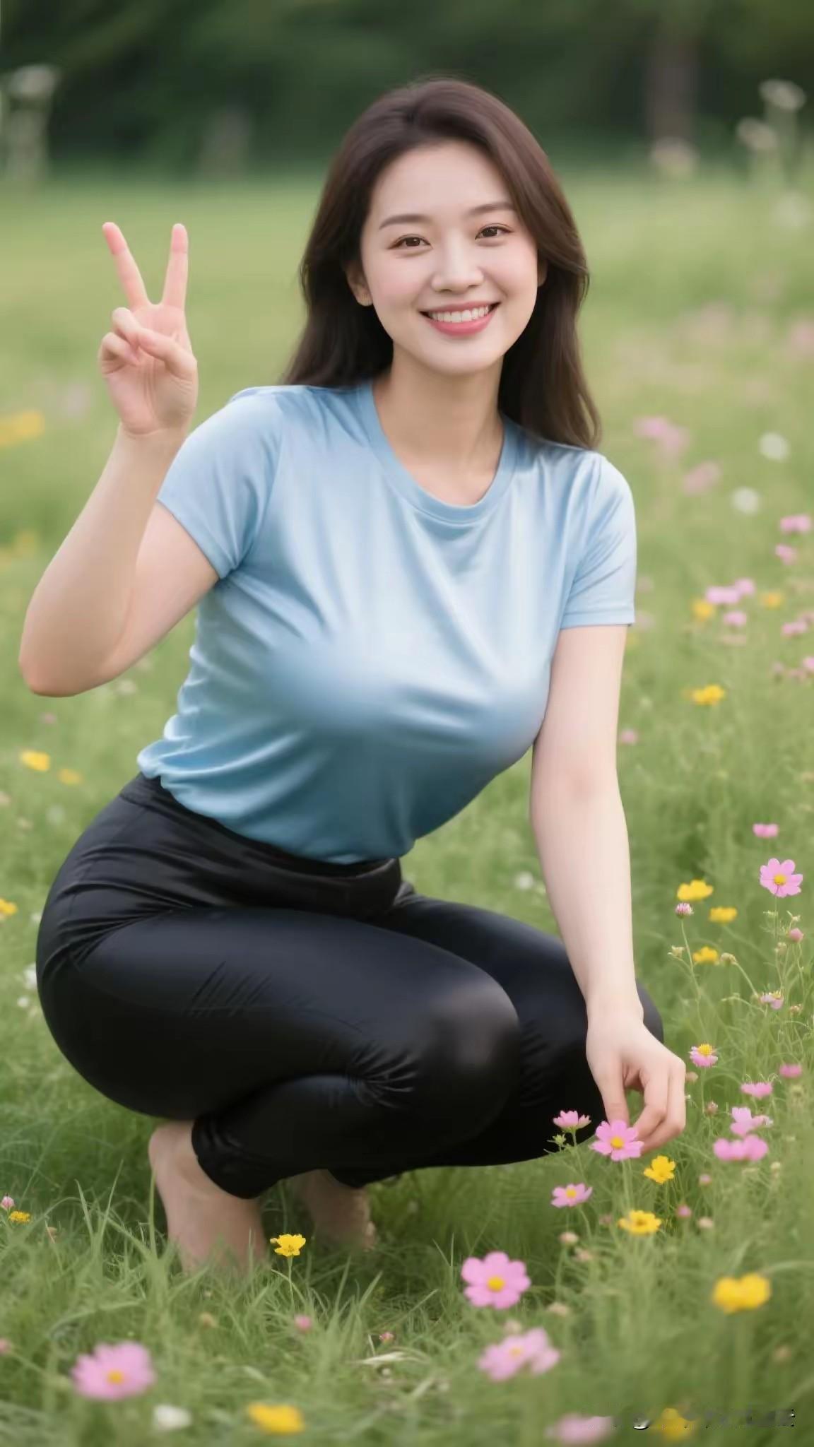 在绿野繁花间，
你如春光乍现。
浅蓝色的梦轻披在肩，
似柔风抚过湖面。
唇角弯弯