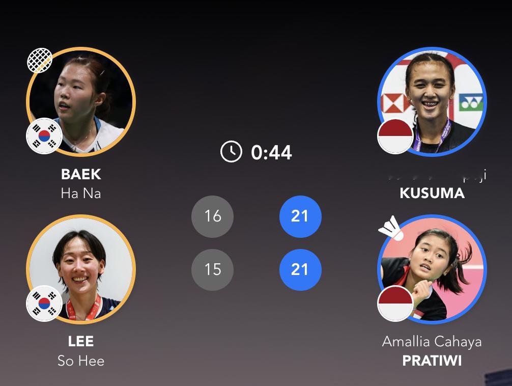 库苏马/阿玛莉亚🇮🇩 21-16、21-15 🇰🇷白荷娜/李昭希下轮对手