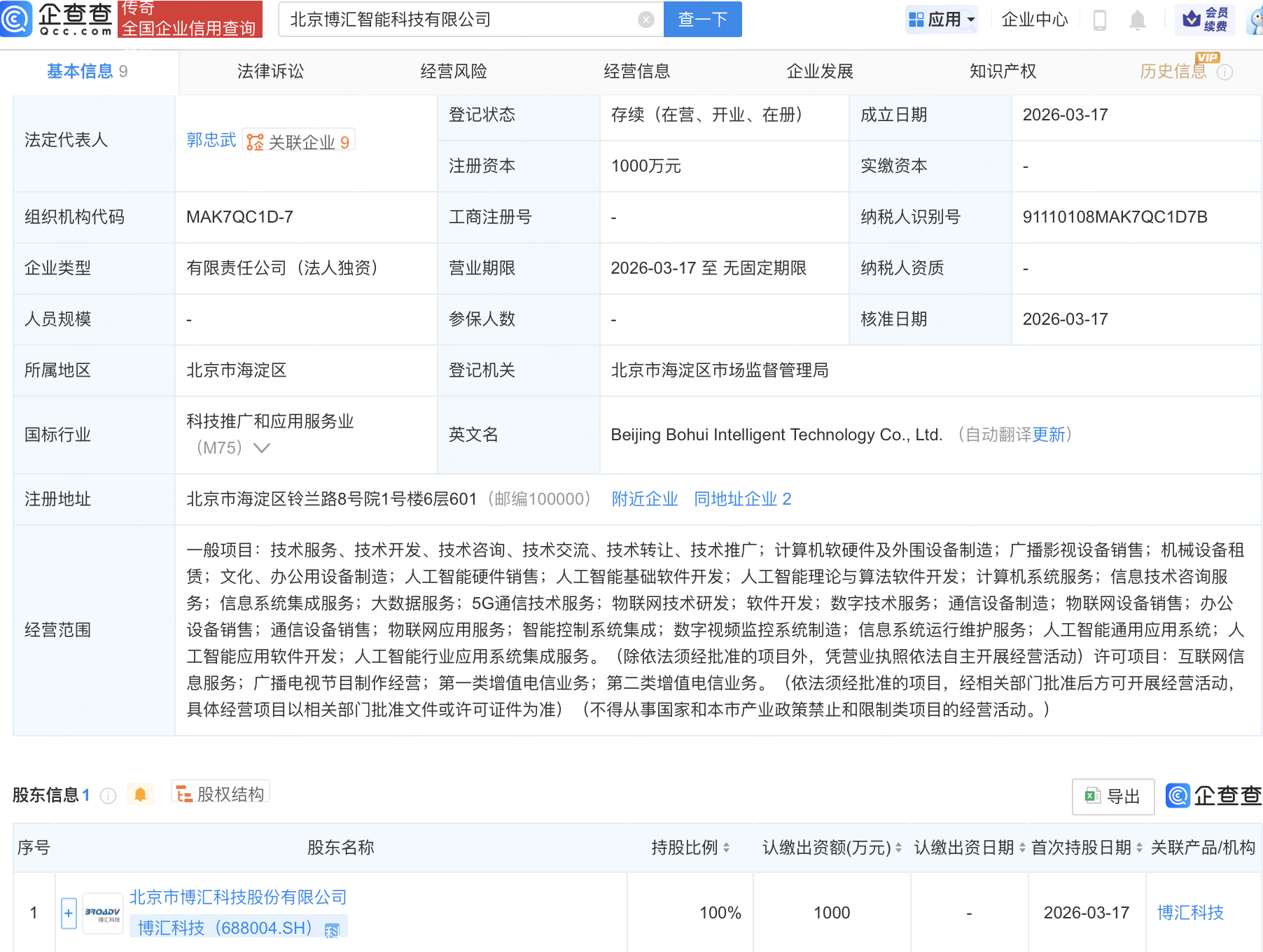 博汇科技新设子公司，含多项AI及物联网业务