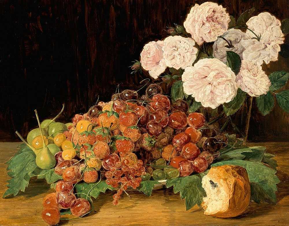 Ferdinand Georg Waldmüller《玫瑰、草莓与面包静物》不同
