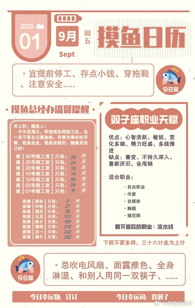 摸鱼日历：2023年9月1日，农历七月十七，星期五，工作日。今日宜提前停工、宜存