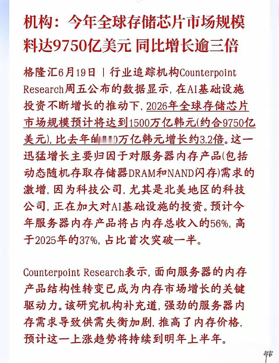 根据机构的预测，今年存储芯片的市场规模可能高达9700多亿美元，同比增长可能是之