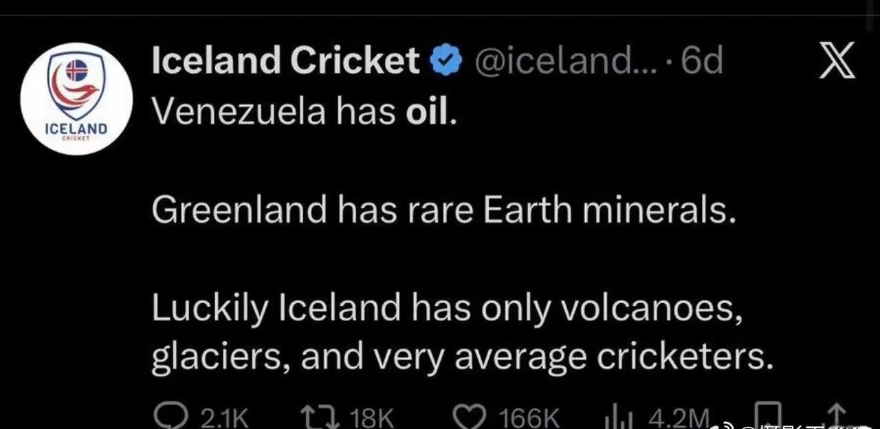 冰岛发文；委内有油格陵兰有稀土，幸好冰岛什么都没有[捂脸]