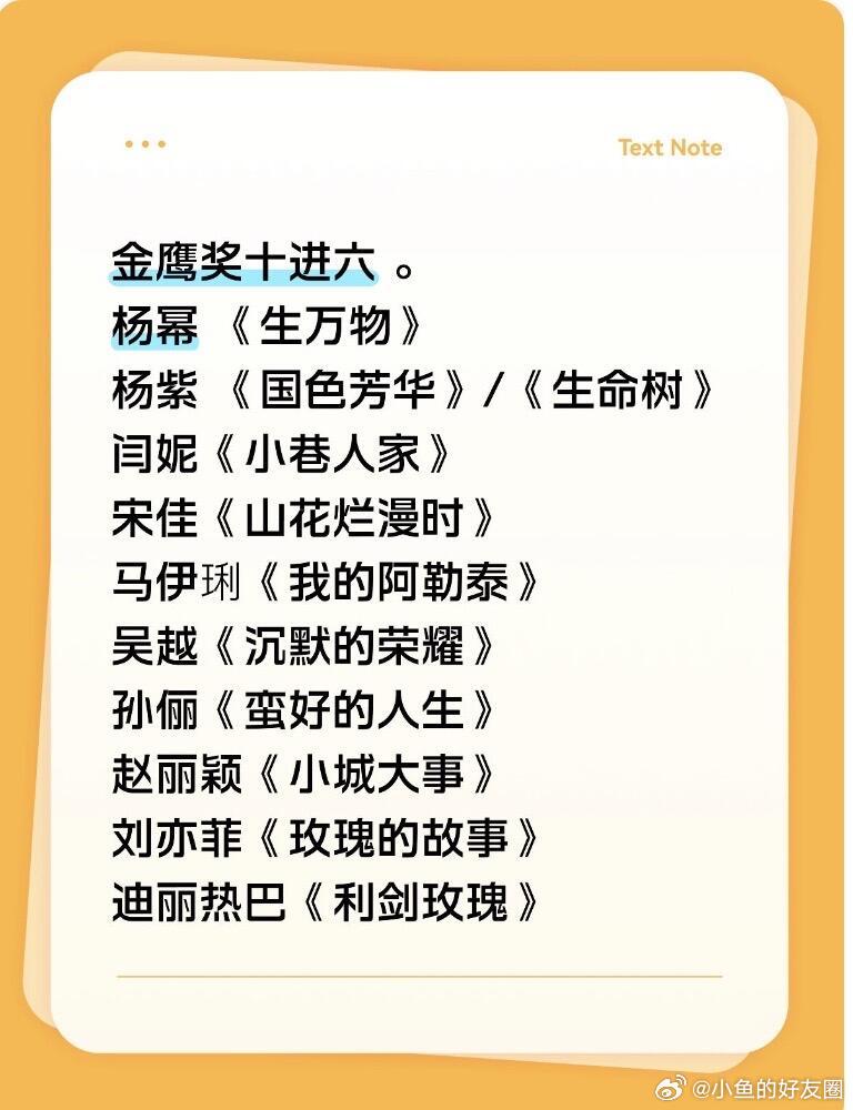 今年金鹰竞争更激烈，真是女主大年。现在是十进六 