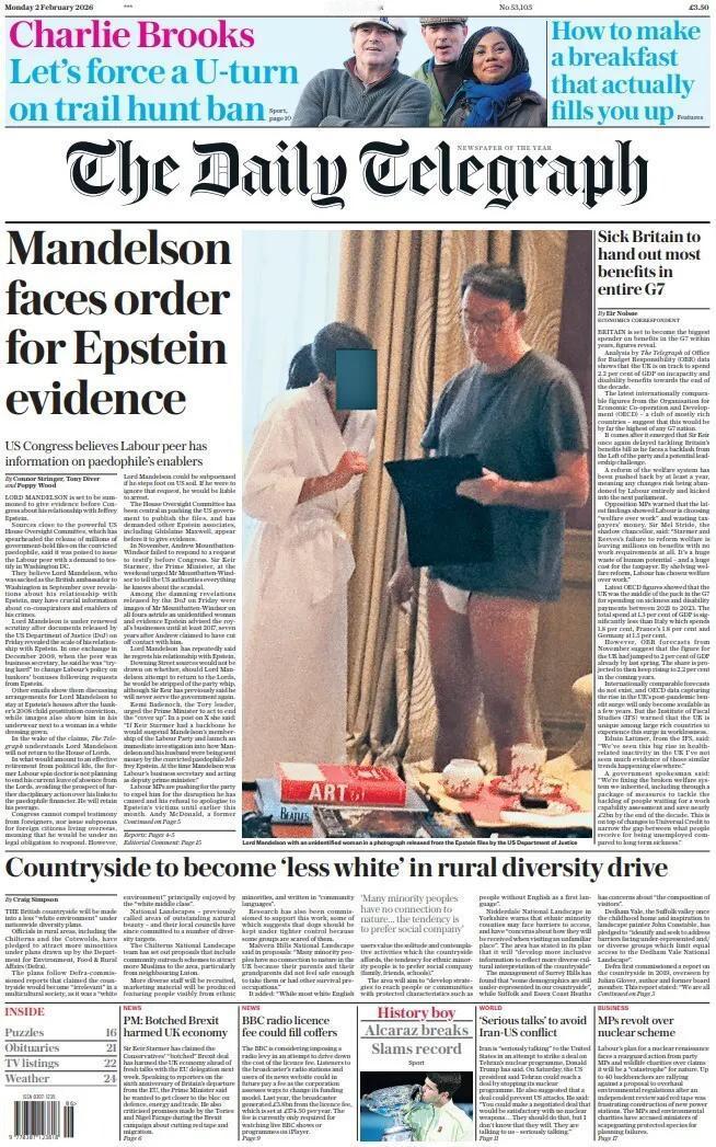 据《每日电讯报》报道，根据美国性犯罪富商爱泼斯坦案件披露照片显示，英国政客彼得·