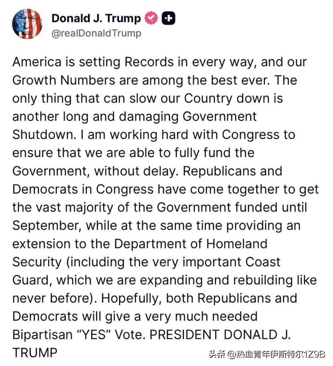 特朗普：我正在与国会努力合作，以确保我们能够及时为政府提供充足的资金。