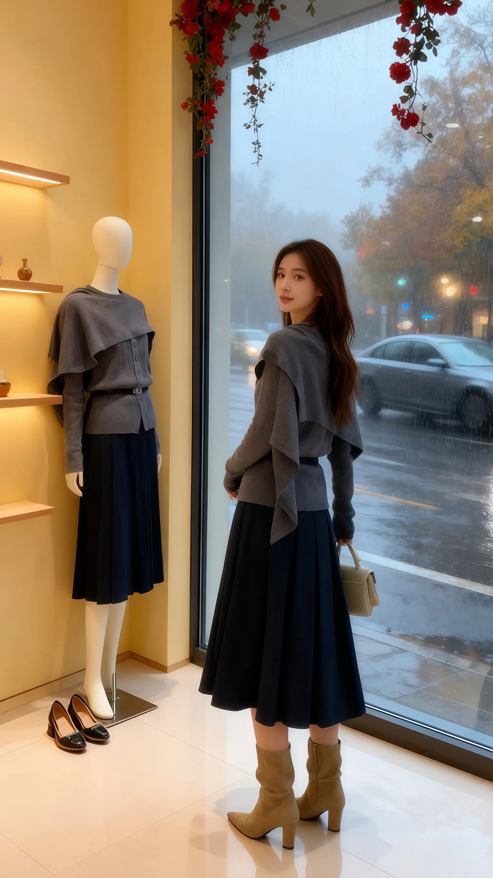 她穿着法式气质两件套，针织长袖的软糯与百褶半身裙的浪漫，在高级感女装店...