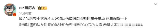 Bin暂别赛场历经多轮高强度赛事后 Bin 身心俱疲，决定暂离赛场沉淀自我，BL