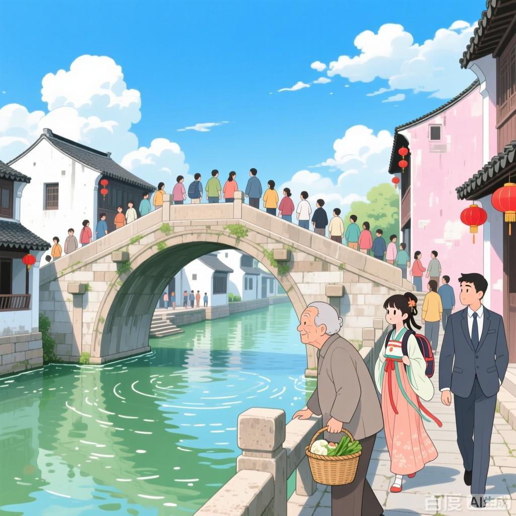 下联：桥上有人人挤人。