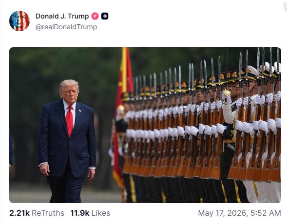 已经结束访华两天的特朗普意犹未尽，5月17日继续在社交媒体上发布两天前访华时的照