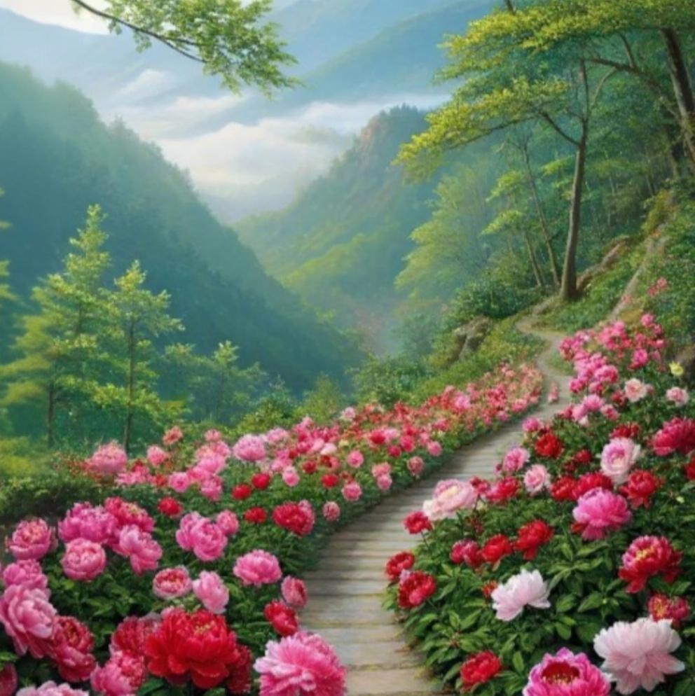 赏花观景：山间花海
看图说话：
山间幽径花盛开
姹紫嫣红溢霓彩
青山白云诗韵浓