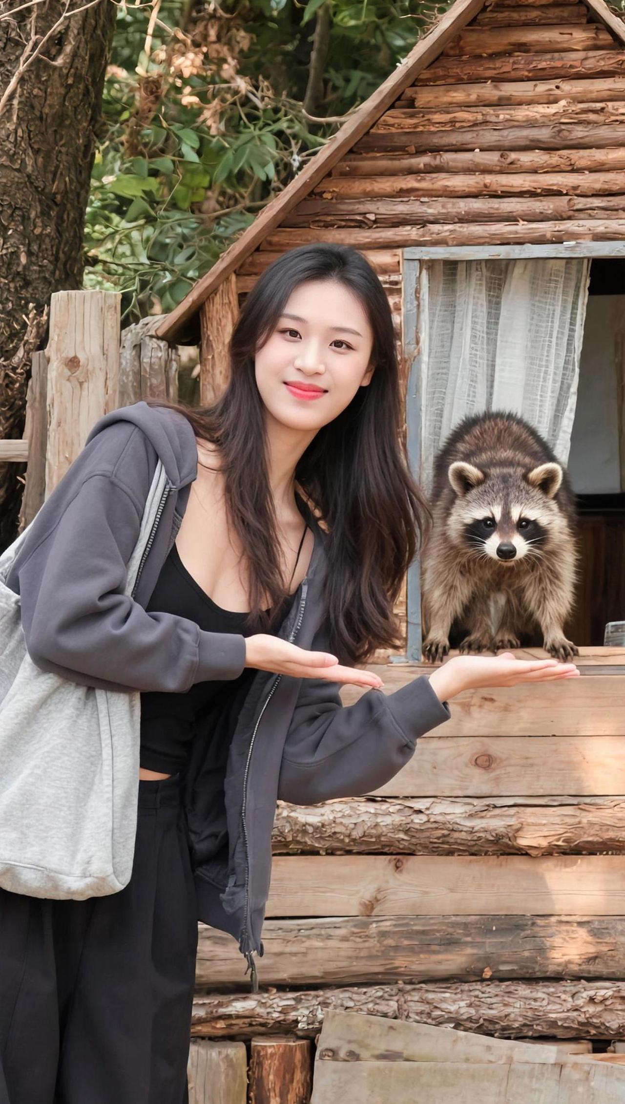 在这片静谧的森林小屋前，一位姑娘与一只浣熊亲密互动，仿佛时间都慢了下来。浣熊那机