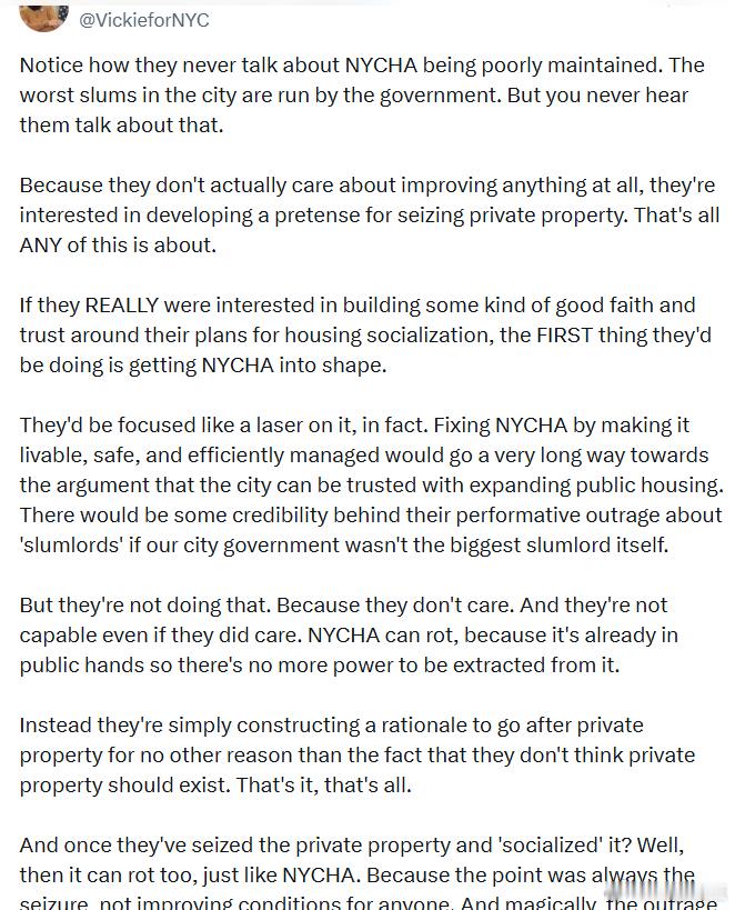 “他们从来不谈纽约市住房局(NYCHA)维护不善的问题。这个城市里最糟糕的贫民窟