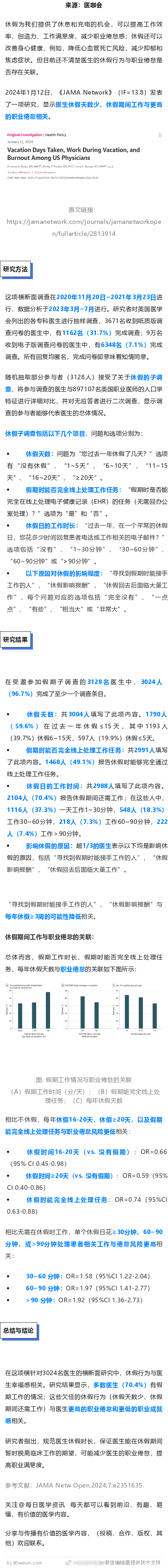 假期少、休假期间还要工作，均会增加医生的职业倦怠2024年1月12日，《JAMA