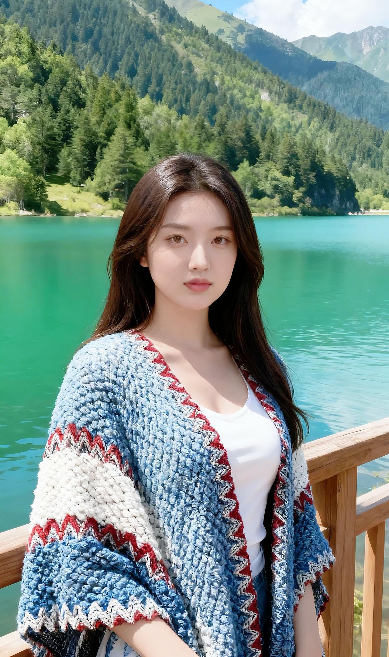 谁能拒绝这样的神仙景色啊！青山环抱、湖水澄澈如翡翠，站在木栈道上，披着民族风针织