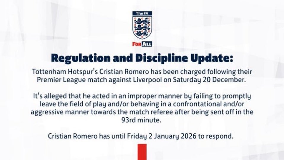 📣英足总官方通告：托特纳姆热刺球员克里斯蒂安·罗梅罗，因其在12月20日（周六