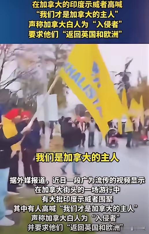 加拿大的街头，印度三哥高举旗帜，大声疾呼:我们是加拿大的主人，白人滚回欧洲去！