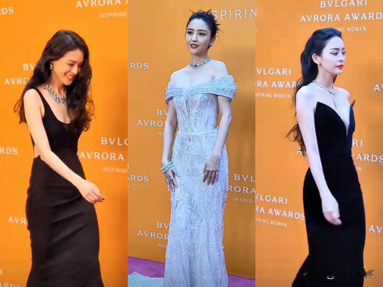 佟丽娅、古力娜扎、舒淇三人同框出席活动，画面十分养眼。
舒淇身着黑色露肩礼服，大