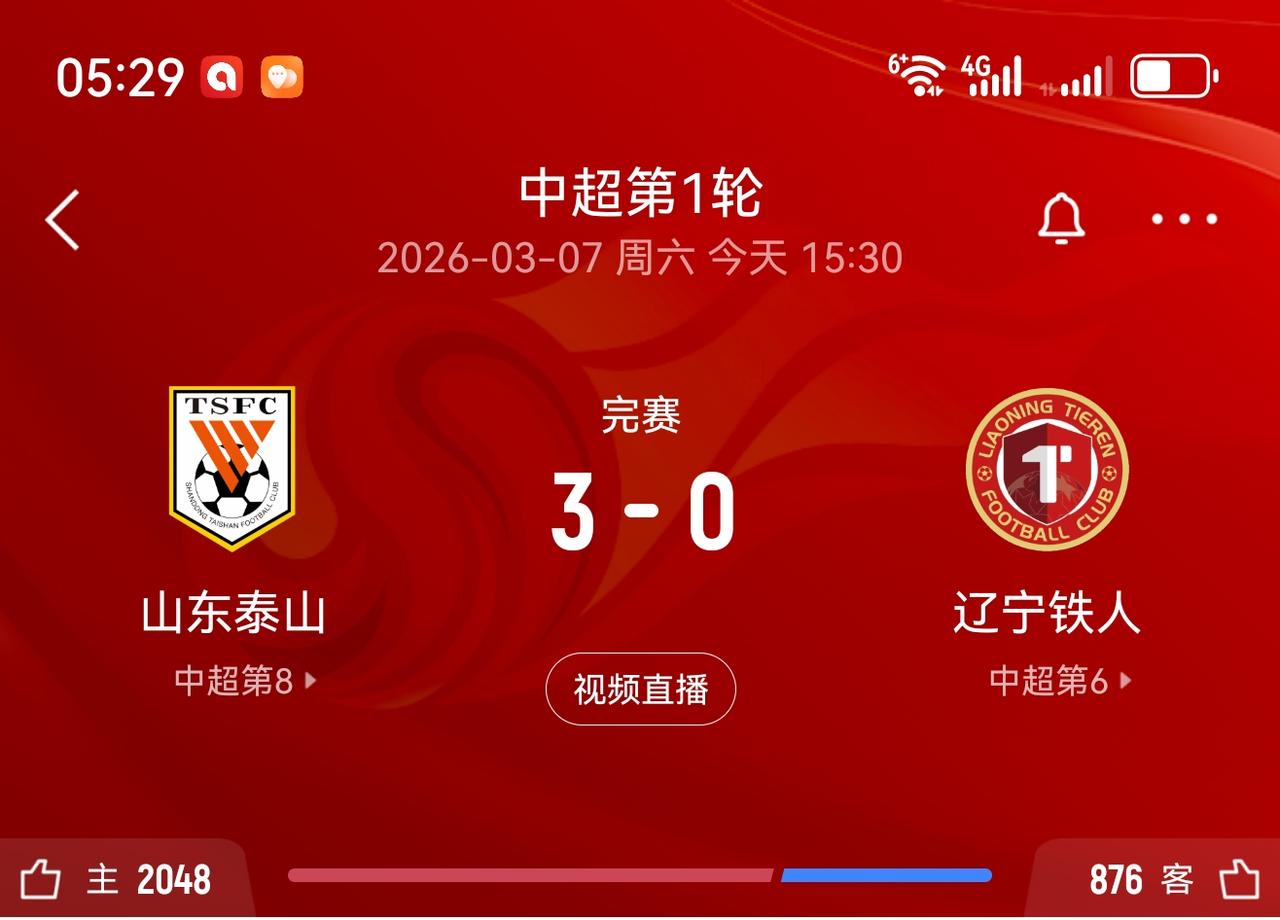 中超首轮山东泰山主场3:0拿下辽宁铁人，山东今天比赛踢的很顺开场17分钟就2:0