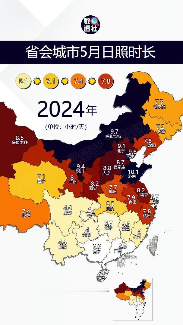 省会城市5月日照时长